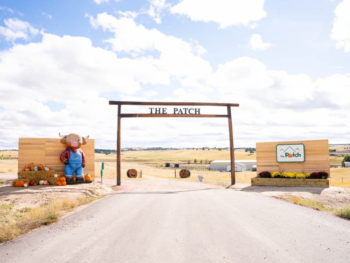 The entrance arch at The Patch, with the Walter statue and pumpkins beside the drive