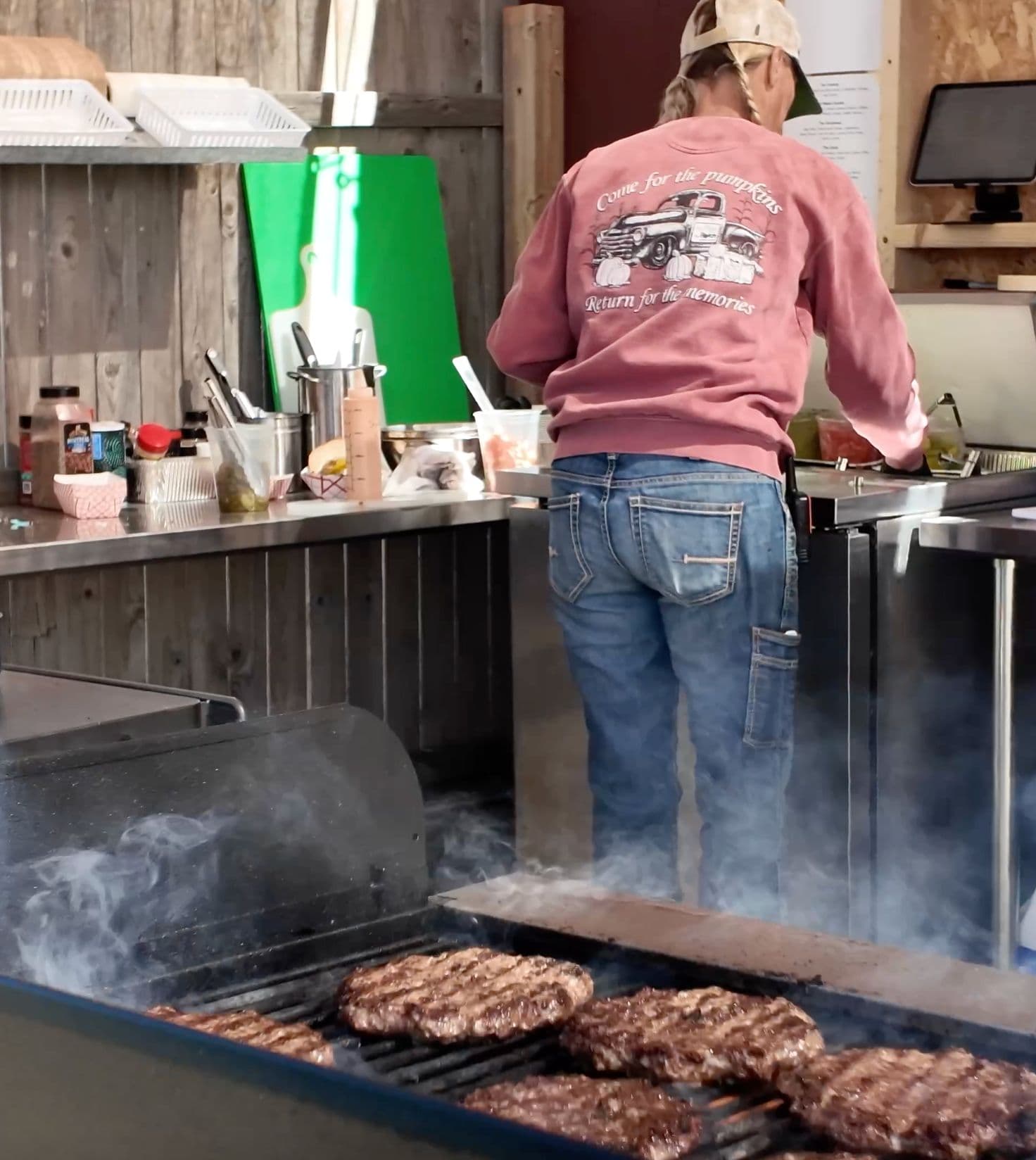 Burgers on the grill at Walter's Kitchen